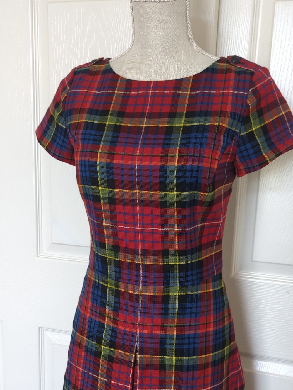 Vintage Brooks Brother Red Plaid Short Sleeve Fit-and-Flare Wool Dress - Picture 2 of 10